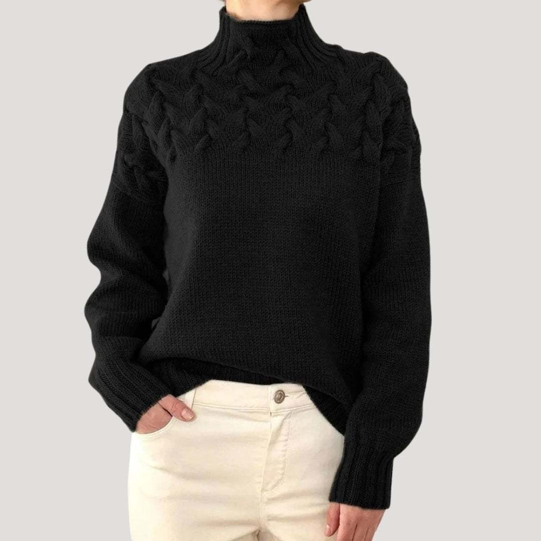Damen Oversize Pullover mit Stehkragen | Warmer Strickpullover mit Zopfmuster und Rippbündchen für Herbst und Winter