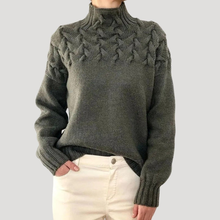 Damen Oversize Pullover mit Stehkragen | Warmer Strickpullover mit Zopfmuster und Rippbündchen für Herbst und Winter