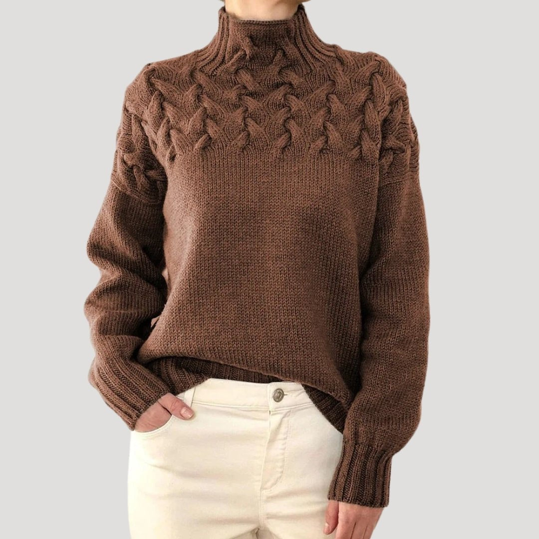 Damen Oversize Pullover mit Stehkragen | Warmer Strickpullover mit Zopfmuster und Rippbündchen für Herbst und Winter