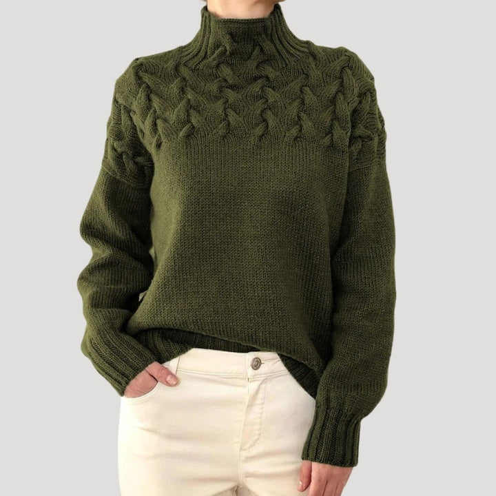 Damen Oversize Pullover mit Stehkragen | Warmer Strickpullover mit Zopfmuster und Rippbündchen für Herbst und Winter