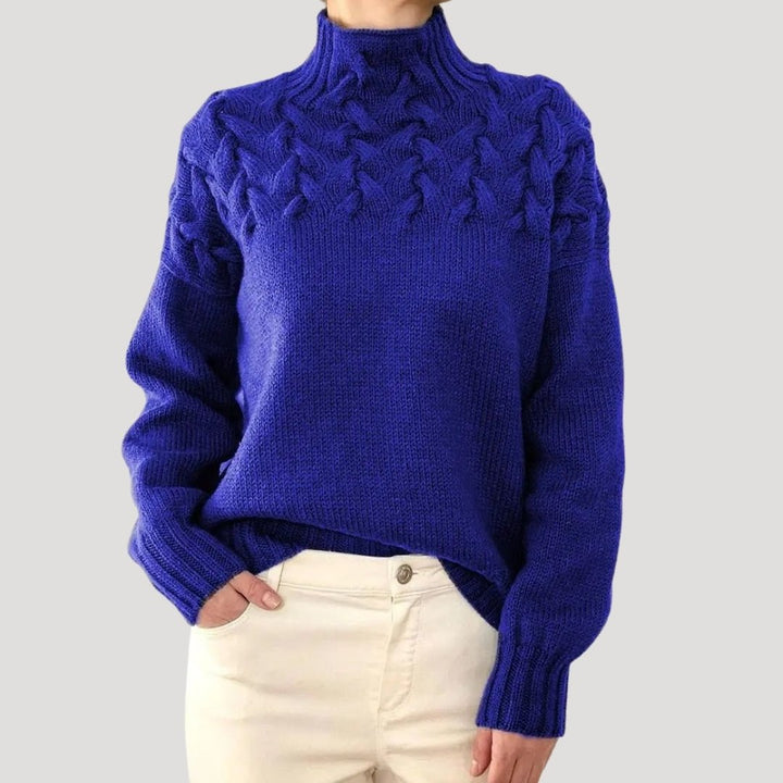 Damen Oversize Pullover mit Stehkragen | Warmer Strickpullover mit Zopfmuster und Rippbündchen für Herbst und Winter