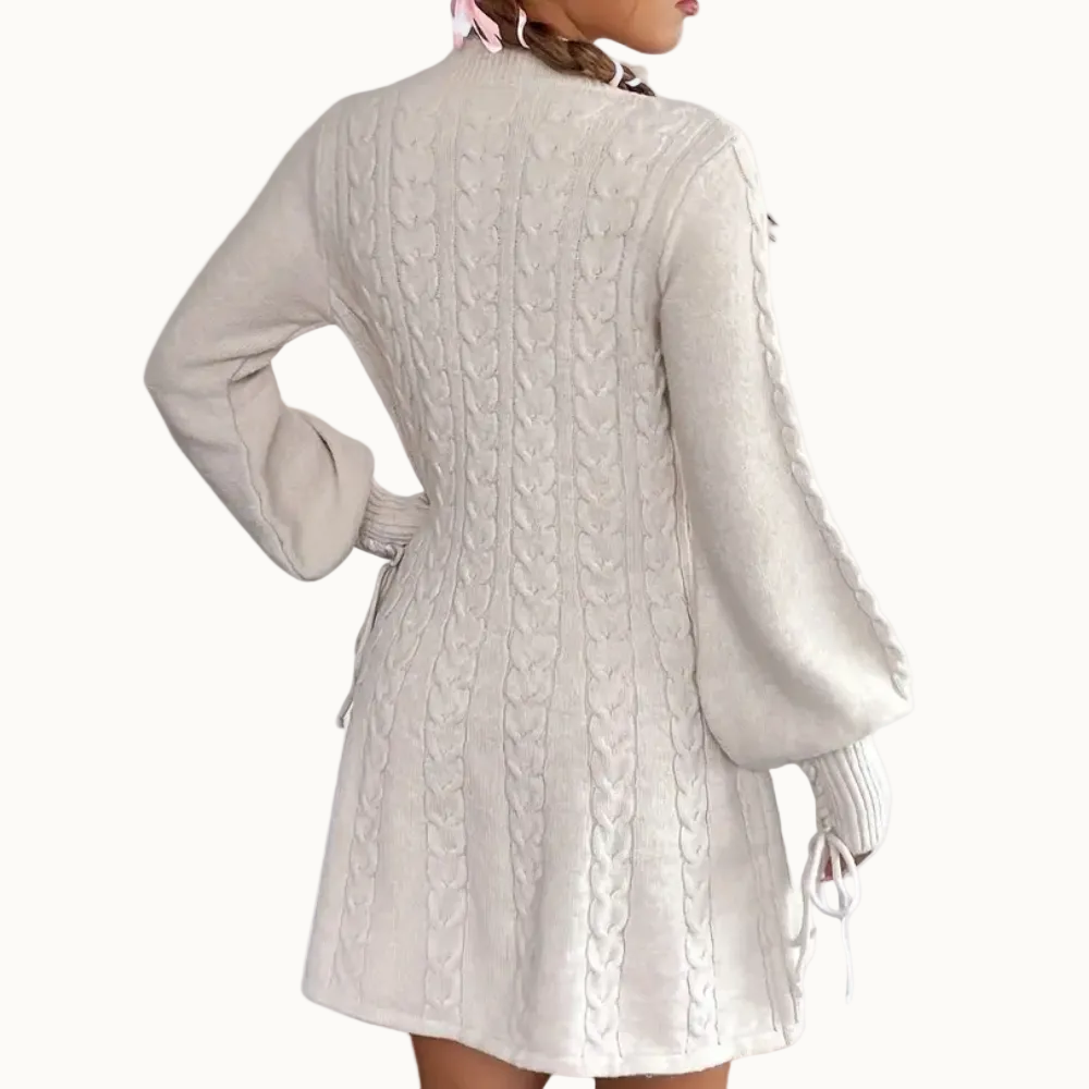 Damen Strickkleid mit Zopfmuster | Feminines Winterkleid mit V-Ausschnitt, Ballonärmeln und Bänderdetails | Ausgestellte Passform