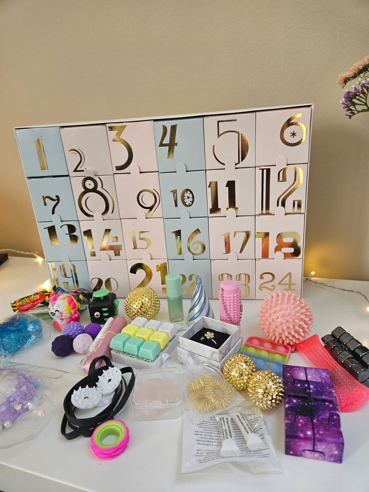 Anti-Stress Adventskalender | Skillsflow Weihnachtskalender mit über 24 Überraschungen | Fidget-Ring, Handschmeichler und Akupressurbälle