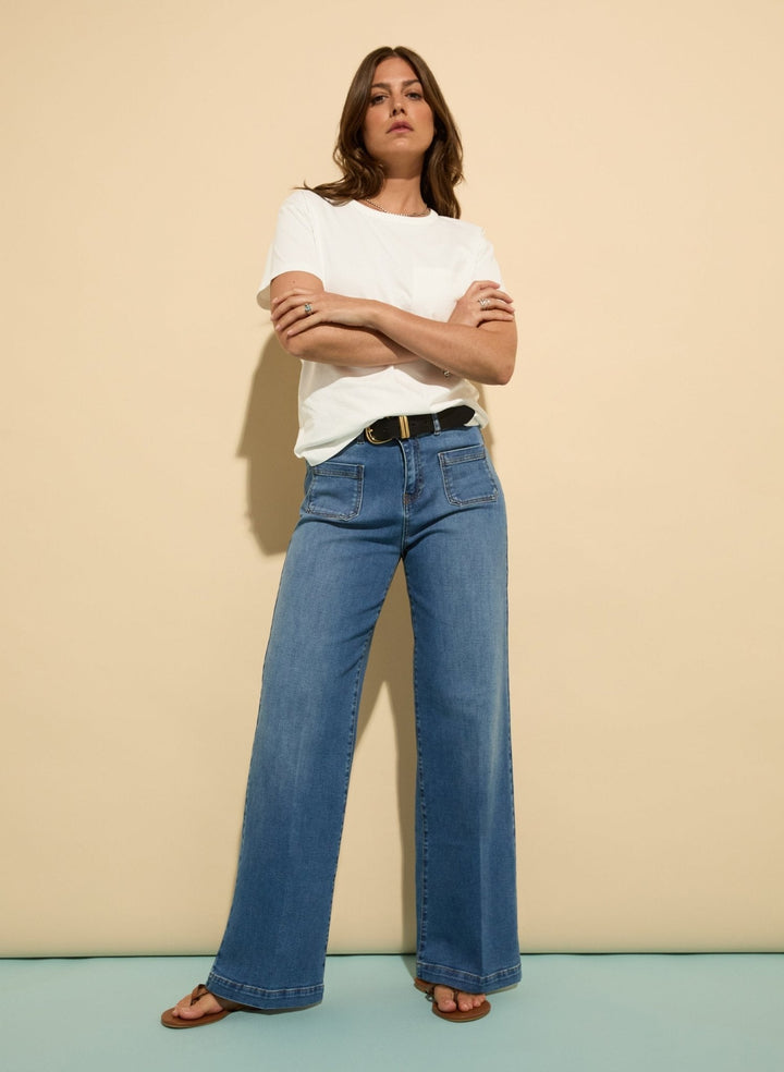 Damen Jeans | Bio-Baumwoll-Jeans mit Stretch, hohem Bund und weitem Bein