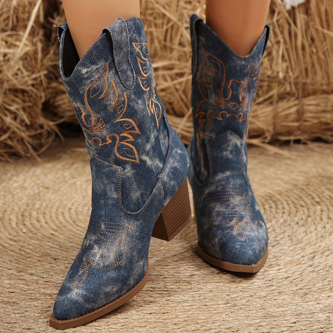 Damen Westernstiefel mit Blockabsatz | Cowboystiefel mit Blattstickerei, spitzer Zehenpartie und seitlichem Reißverschluss