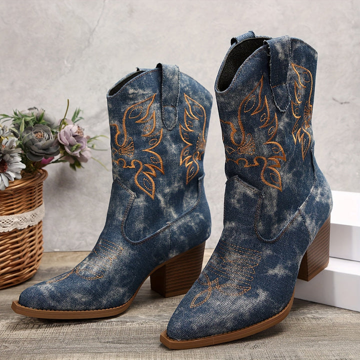 Damen Westernstiefel mit Blockabsatz | Cowboystiefel mit Blattstickerei, spitzer Zehenpartie und seitlichem Reißverschluss