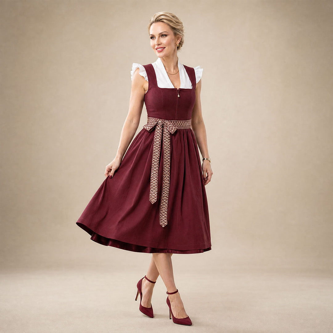 Damen Dirndl | Midi Trachtenkleid mit Perlen-Reißverschluss, gemusterter Schürze und 70 cm Rocklänge