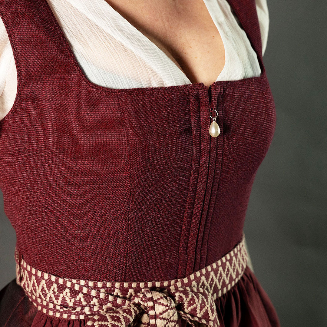 Damen Dirndl | Midi Trachtenkleid mit Perlen-Reißverschluss, gemusterter Schürze und 70 cm Rocklänge