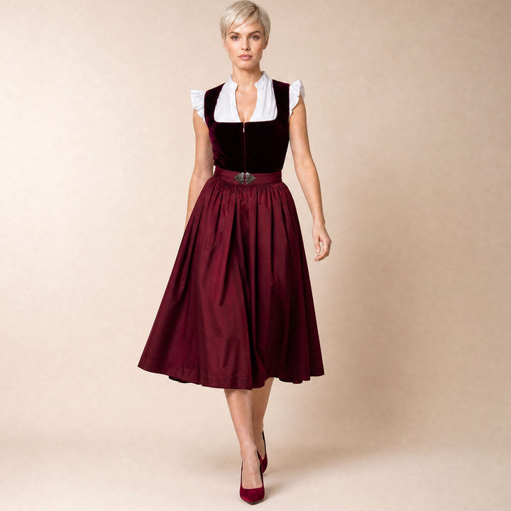 Damen Dirndl | Midi Trachtenkleid mit Samtmieder, Reißverschluss und 70 cm Rocklänge
