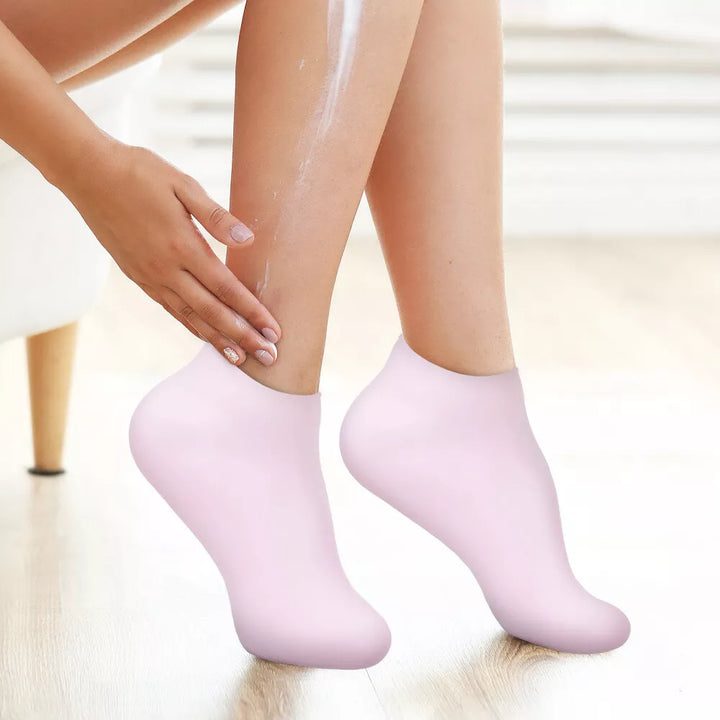 Feuchtigkeitsspendende Silikon-Pediküresocken 2 Paar | Für trockene &amp; raue Fersen | Unterstützt die Pflegewirkung von Cremes | Einheitsgröße US 5–10 | Rosa/Weiß