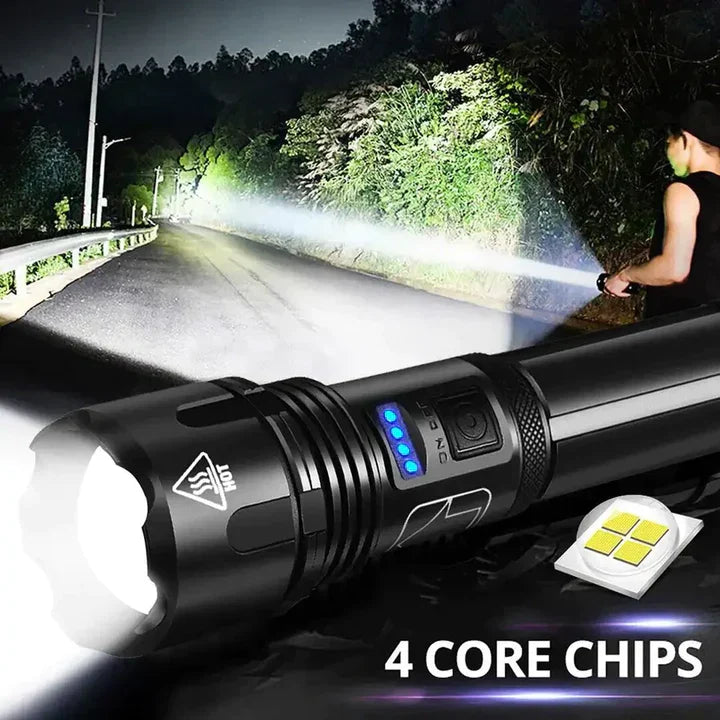 LED flashlight 7000 lumens | 550 m range + spot &amp; floodlight | 3000 mAh battery up to 8 hrs | IPX5 aluminum