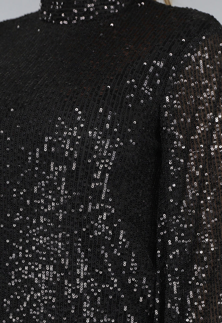 Damen Paillettenkleid | Elegantes Partykleid mit ausgestellten Ärmeln, Taillenband und hohem Ausschnitt für festliche Anlässe