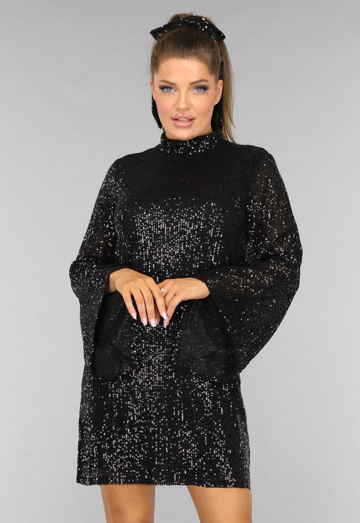 Damen Paillettenkleid | Elegantes Partykleid mit ausgestellten Ärmeln, Taillenband und hohem Ausschnitt für festliche Anlässe