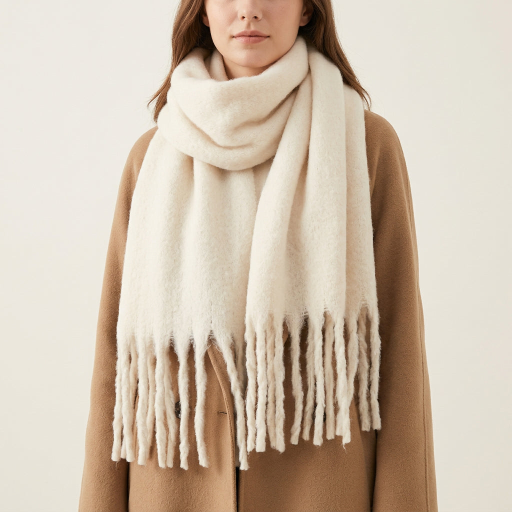 Damen Schal mit Fransen | Eleganter langer Winterschal mit weichem Fall | Vielseitig tragbar als Halsschal oder Stola | 240 x 40 cm