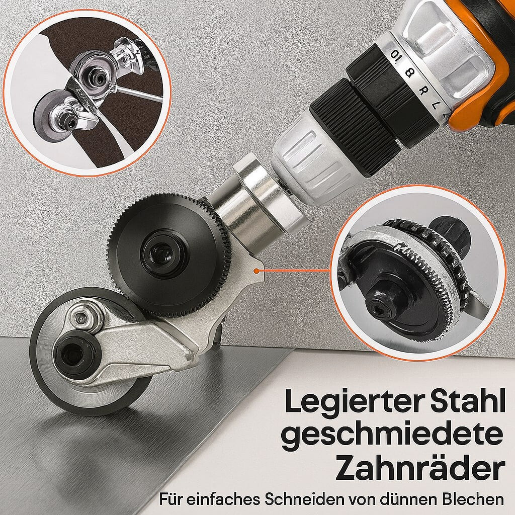 Metallschneider Aufsatz für Bohrmaschine | präzises Blechschneiden bis 1,8 mm (Eisen) / 2 mm (Alu) | SchneidPro inkl. Ersatzkopf