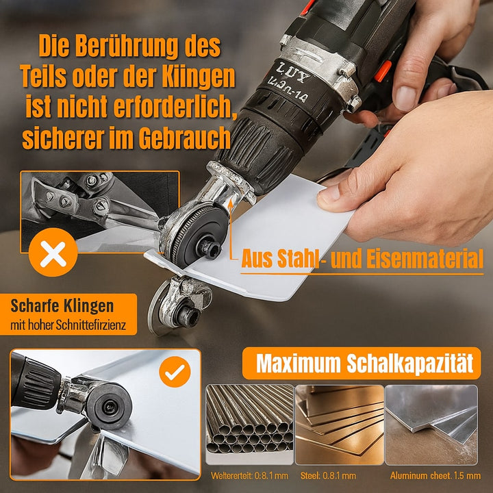 Metallschneider Aufsatz für Bohrmaschine | präzises Blechschneiden bis 1,8 mm (Eisen) / 2 mm (Alu) | SchneidPro inkl. Ersatzkopf
