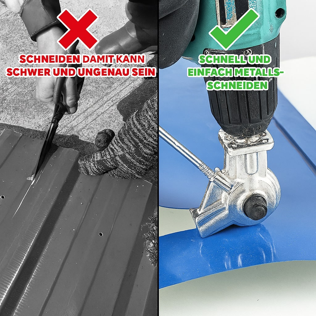 Metallschneider Aufsatz für Bohrmaschine | präzises Blechschneiden bis 1,8 mm (Eisen) / 2 mm (Alu) | SchneidPro inkl. Ersatzkopf