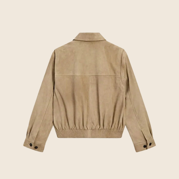 Damen Bomberjacke aus Wildlederimitat in Beige | Kurze Jacke mit lockerer Passform, Reißverschluss und Seitentaschen für Alltag und Freizeit
