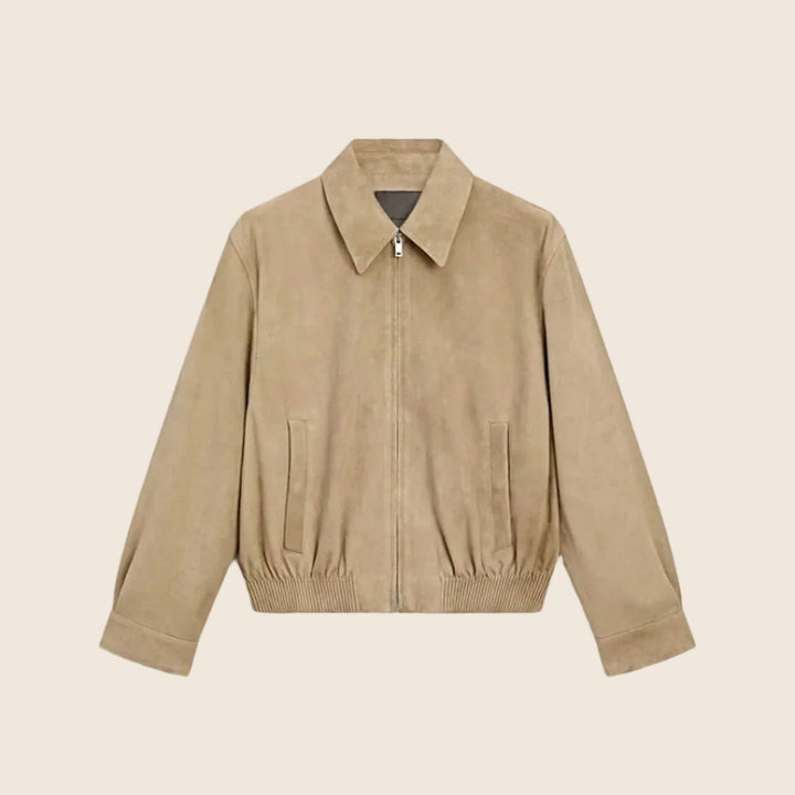 Damen Bomberjacke aus Wildlederimitat in Beige | Kurze Jacke mit lockerer Passform, Reißverschluss und Seitentaschen für Alltag und Freizeit