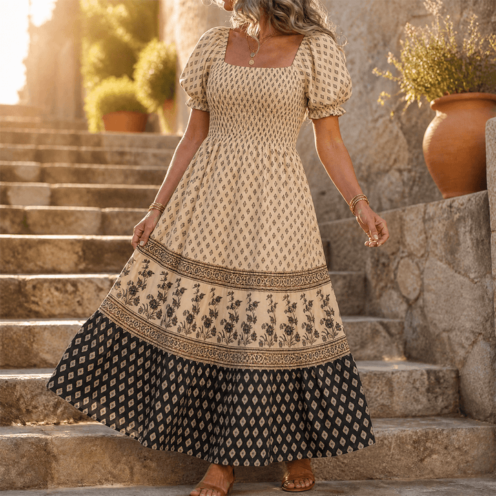 Damen Maxikleid mit Smock-Oberteil &amp; Puffärmeln | Eckiger Ausschnitt, stufiger Rock | Ornament-Print, 6 Farben