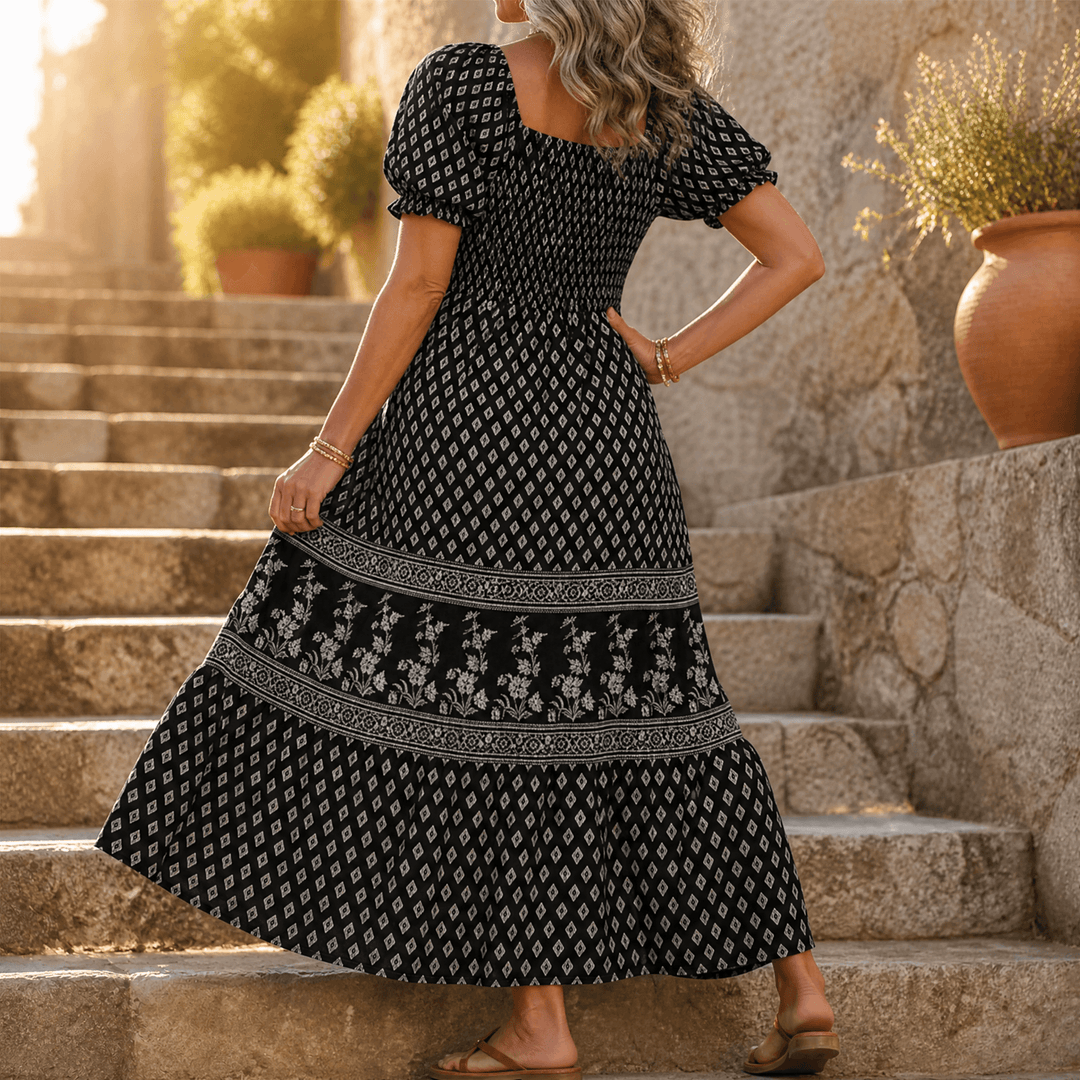 Damen Maxikleid mit Smock-Oberteil &amp; Puffärmeln | Eckiger Ausschnitt, stufiger Rock | Ornament-Print, 6 Farben