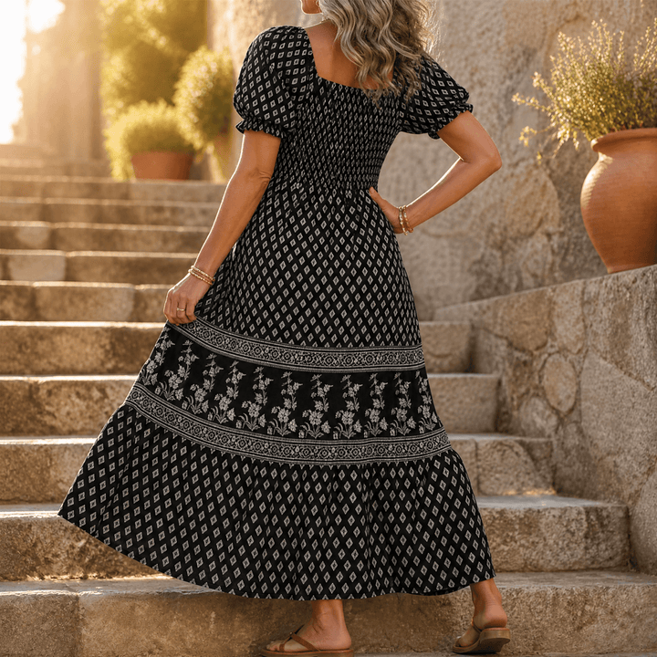 Damen Maxikleid mit Smock-Oberteil &amp; Puffärmeln | Eckiger Ausschnitt, stufiger Rock | Ornament-Print, 6 Farben