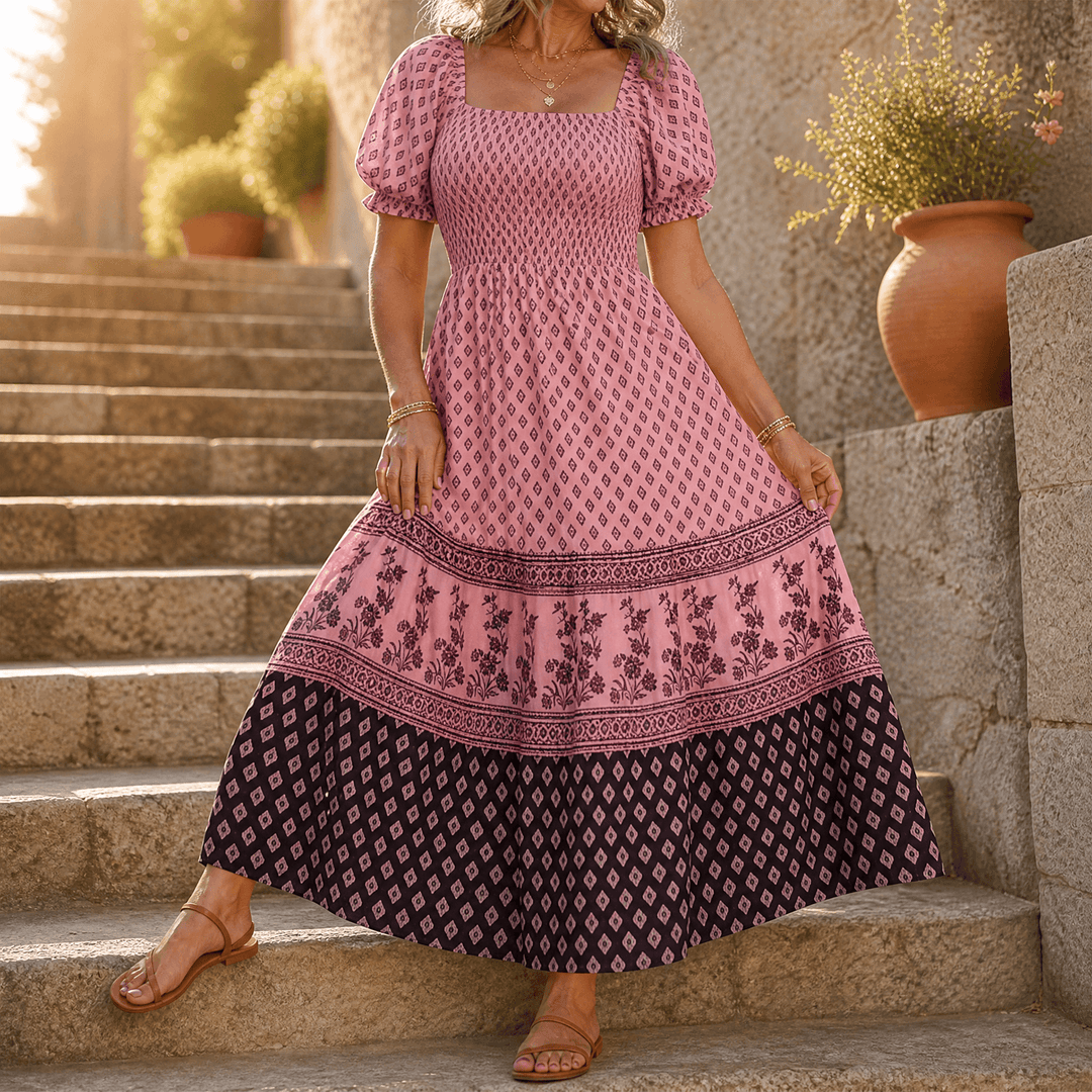 Damen Maxikleid mit Smock-Oberteil &amp; Puffärmeln | Eckiger Ausschnitt, stufiger Rock | Ornament-Print, 6 Farben