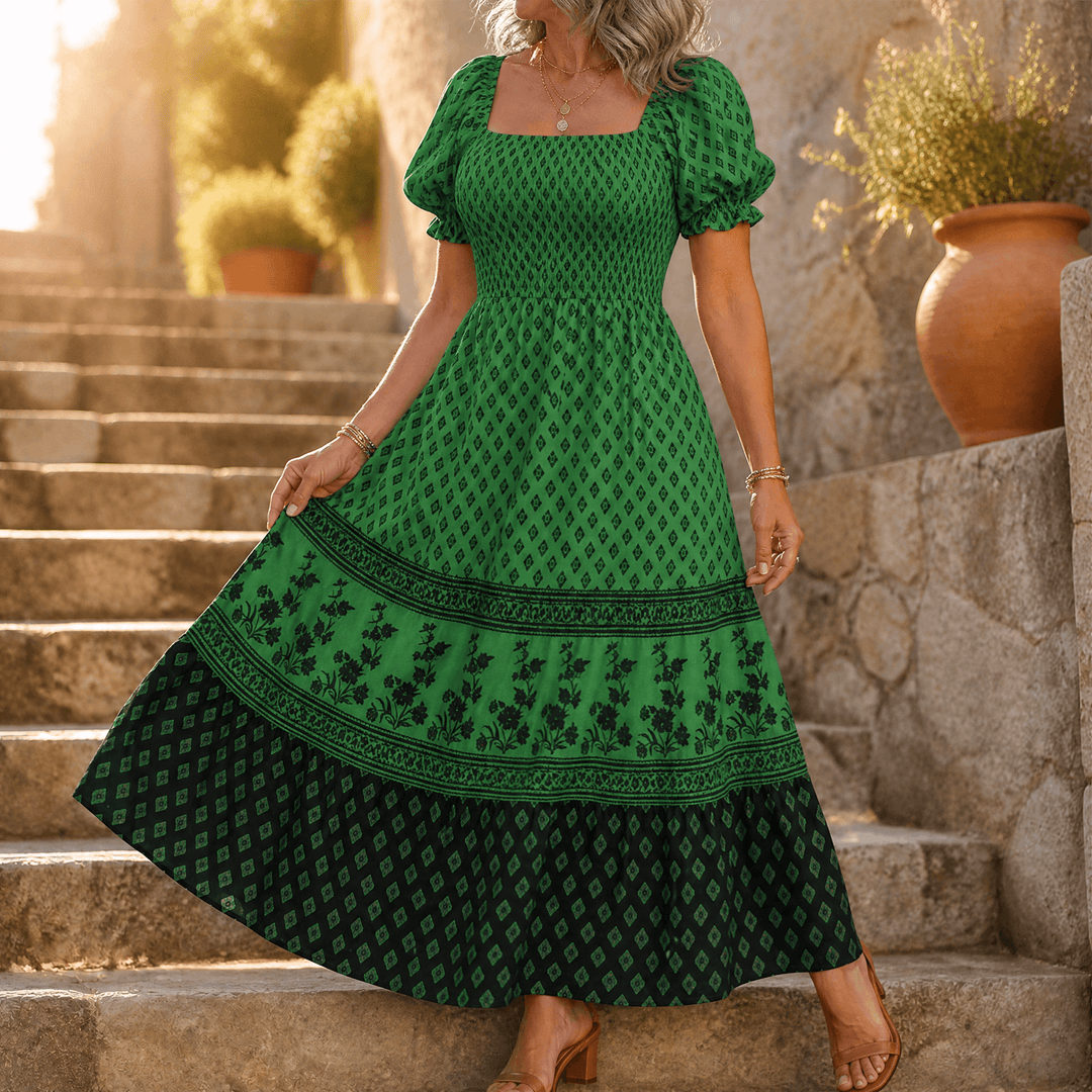 Damen Maxikleid mit Smock-Oberteil &amp; Puffärmeln | Eckiger Ausschnitt, stufiger Rock | Ornament-Print, 6 Farben