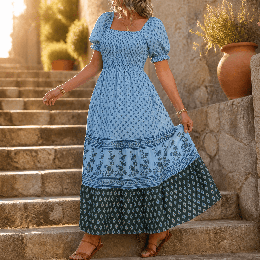 Damen Maxikleid mit Smock-Oberteil &amp; Puffärmeln | Eckiger Ausschnitt, stufiger Rock | Ornament-Print, 6 Farben