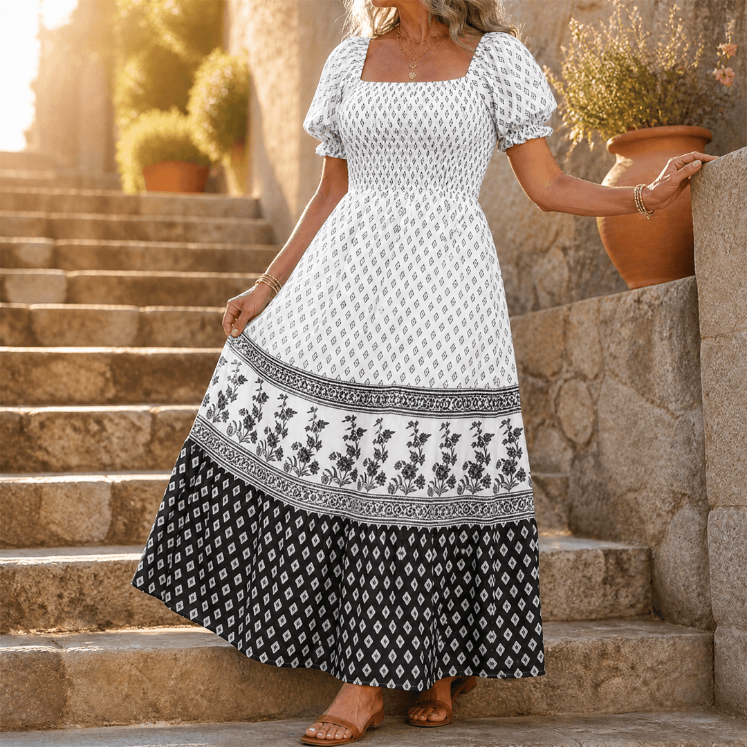 Damen Maxikleid mit Smock-Oberteil &amp; Puffärmeln | Eckiger Ausschnitt, stufiger Rock | Ornament-Print, 6 Farben