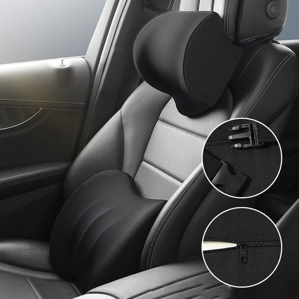 Auto Nackenkissen &amp; Lendenkissen Set | Ergonomisches Memory-Schaum Kopfstützenkissen mit verstellbarem Gurt