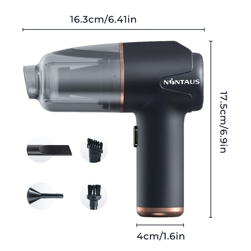 3-in-1 Mini Akku-Staubsauger kabellos | Saugen, Blasen &amp; Aufpumpen | 60W, Typ-C, 291 g, 125 ml Behälter