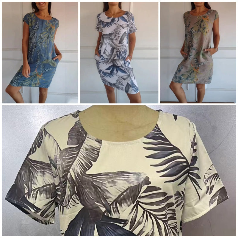 Damen Kleid mit botanischem Print &amp; Rundhalsausschnitt | Kurze Ärmel, schmeichelhafte Passform | Leicht &amp; vielseitig, M–2XL