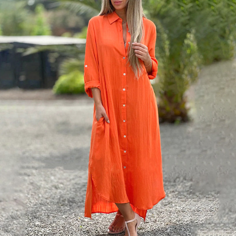 Damen Hemdkleid aus Baumwoll-Leinen-Mix | Lockeres Knopfkleid mit langen Ärmeln | Bequemes Lagenkleid