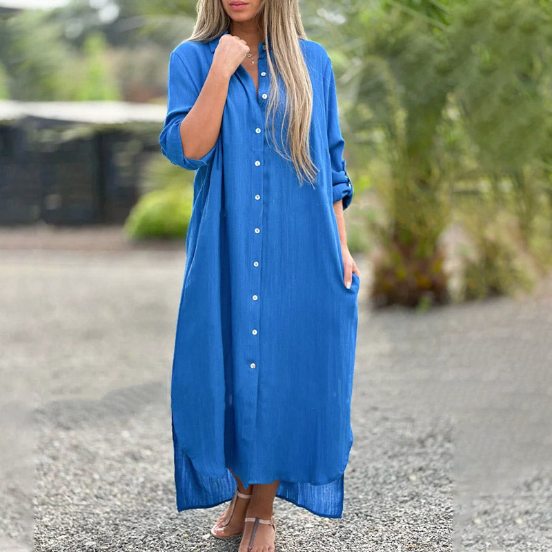 Damen Hemdkleid aus Baumwoll-Leinen-Mix | Lockeres Knopfkleid mit langen Ärmeln | Bequemes Lagenkleid