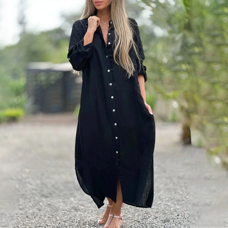 Damen Hemdkleid aus Baumwoll-Leinen-Mix | Lockeres Knopfkleid mit langen Ärmeln | Bequemes Lagenkleid