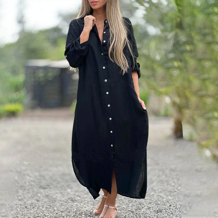 Damen Hemdkleid aus Baumwoll-Leinen-Mix | Lockeres Knopfkleid mit langen Ärmeln | Bequemes Lagenkleid