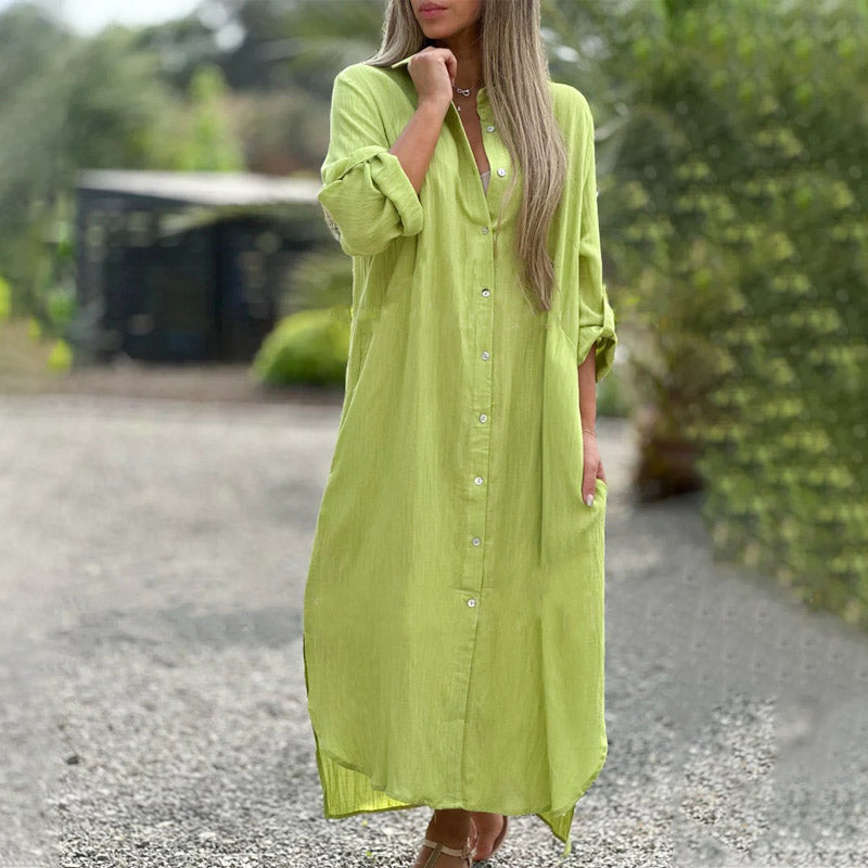 Damen Hemdkleid aus Baumwoll-Leinen-Mix | Lockeres Knopfkleid mit langen Ärmeln | Bequemes Lagenkleid