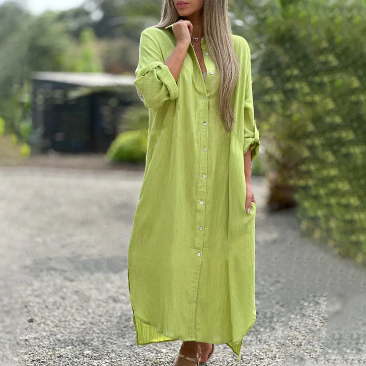 Damen Hemdkleid aus Baumwoll-Leinen-Mix | Lockeres Knopfkleid mit langen Ärmeln | Bequemes Lagenkleid