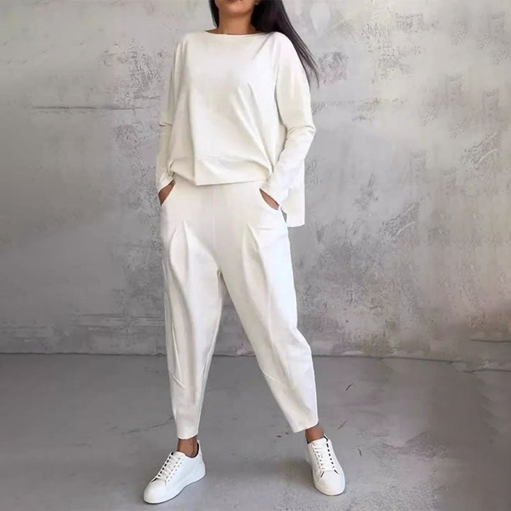 Damen 2-teiliges Set mit Rundhals &amp; Langarm | Bequem &amp; modern für Alltag | Hose mit Taschen, S–3XL, atmungsaktiv