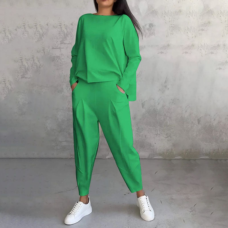 Damen 2-teiliges Set mit Rundhals &amp; Langarm | Bequem &amp; modern für Alltag | Hose mit Taschen, S–3XL, atmungsaktiv