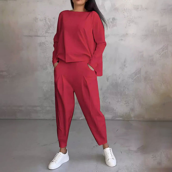 Damen 2-teiliges Set mit Rundhals &amp; Langarm | Bequem &amp; modern für Alltag | Hose mit Taschen, S–3XL, atmungsaktiv