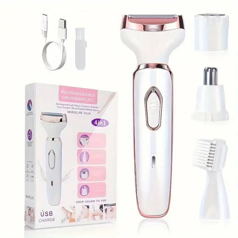 4-in-1 electric shaver for women cordless | 4 attachments: shaving, trimming, peeling, facial cleansing | 90 min battery | IPX6