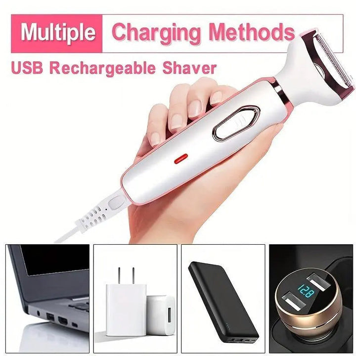 4-in-1 electric shaver for women cordless | 4 attachments: shaving, trimming, peeling, facial cleansing | 90 min battery | IPX6