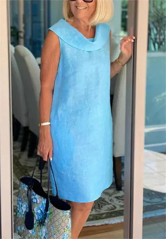 ELINE Midi-Kleid aus Baumwolle-Leinen-Mix | Atmungsaktiv &amp; leicht, H-Linie locker fallend | Rüschen-Ausschnitt, einfarbig
