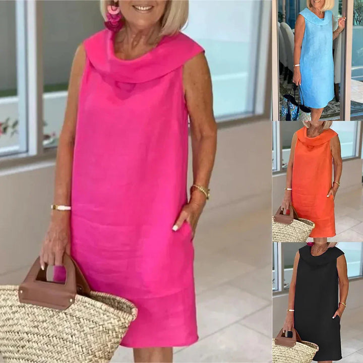 ELINE Midi-Kleid aus Baumwolle-Leinen-Mix | Atmungsaktiv &amp; leicht, H-Linie locker fallend | Rüschen-Ausschnitt, einfarbig