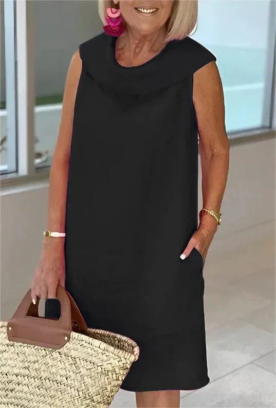 ELINE Midi-Kleid aus Baumwolle-Leinen-Mix | Atmungsaktiv &amp; leicht, H-Linie locker fallend | Rüschen-Ausschnitt, einfarbig