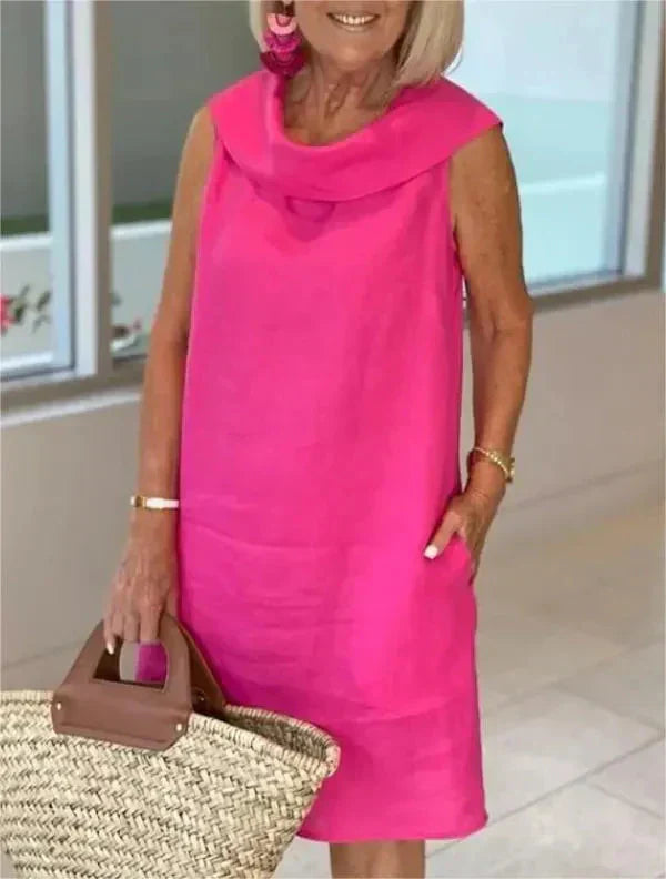 ELINE Midi-Kleid aus Baumwolle-Leinen-Mix | Atmungsaktiv &amp; leicht, H-Linie locker fallend | Rüschen-Ausschnitt, einfarbig