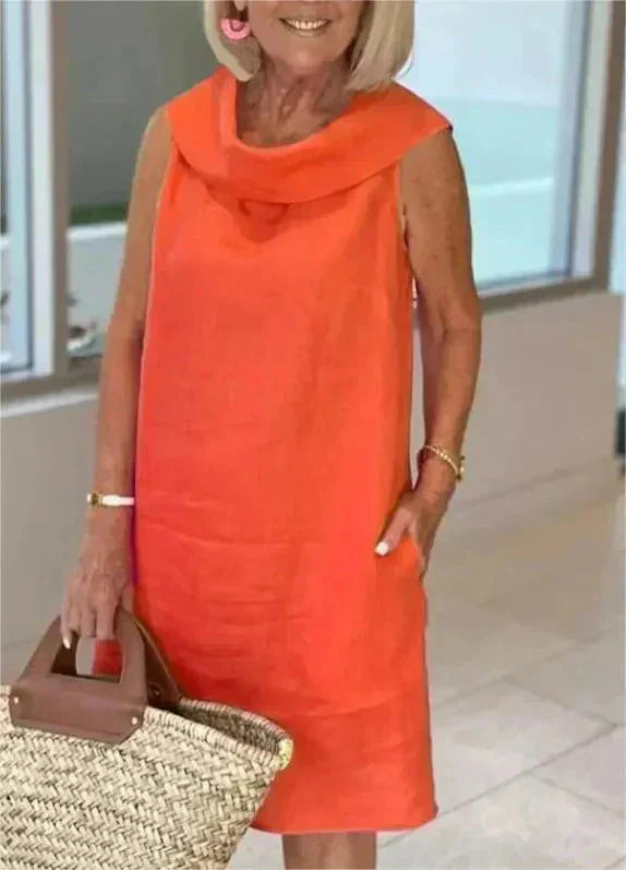 ELINE Midi-Kleid aus Baumwolle-Leinen-Mix | Atmungsaktiv &amp; leicht, H-Linie locker fallend | Rüschen-Ausschnitt, einfarbig