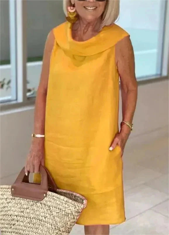 ELINE Midi-Kleid aus Baumwolle-Leinen-Mix | Atmungsaktiv &amp; leicht, H-Linie locker fallend | Rüschen-Ausschnitt, einfarbig
